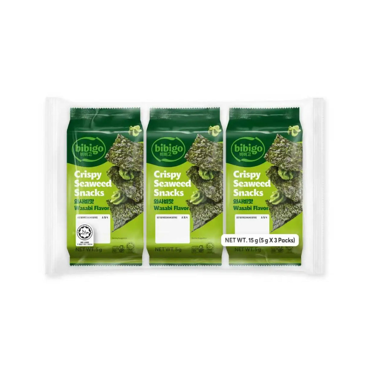 Bibigo Savoury Roasted Korean-Style wasabi Flovoured Seasoned Seaweed (4.5g x 3pcs)